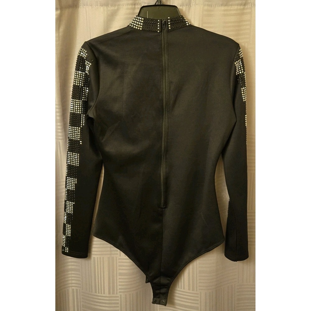 Black Rhinestone Checkered Long-Sleeve Bodysuit - Picture 7 of 11